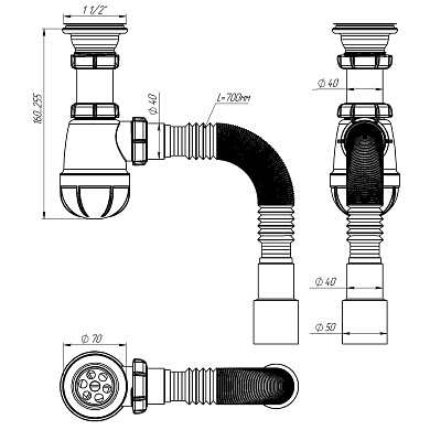 B0115 Сифон для кухни 1½"х40 с гибкой трубой 40х40-50